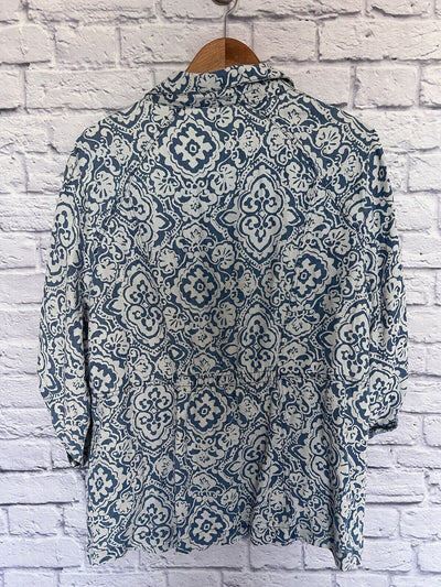 CHICOS Womens Snap Button Jacket Plus Sz 3 Pockets Paisley Blue Lyocell