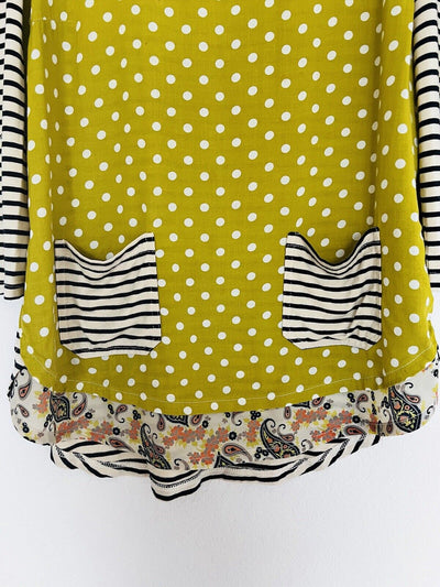 TRU LUX JEANS Mixed Print Tunic Sz S Striped Polka Dot Pockets Ruffle Top