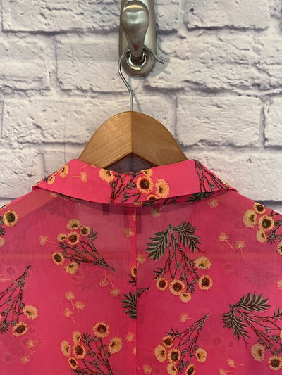 FOREVER 21 Sheer Sz 3X Button Front Blouse Pink Floral Long Sleeve Ruffle Boho