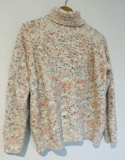 ADORA Chunky Pom Pom Sweater Sz L Pastel Pink Heavy Knit Turtleneck Boho