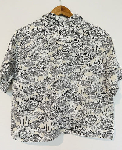 RACHEL ZOE Mushroom Print 100% Linen Botton Shirt Sz L Boxy Relaxed Cropped Boho