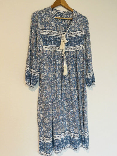 R.Vivimos Boho Dress Long Sleeve Tassel Midi Relaxed Fit Floral Blue Size S 4/6