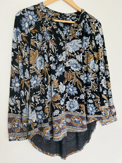 LUCKY BRAND Floral Jersey Knit Blouse Sz PS Hi-Low V-Neck Button Boho Western