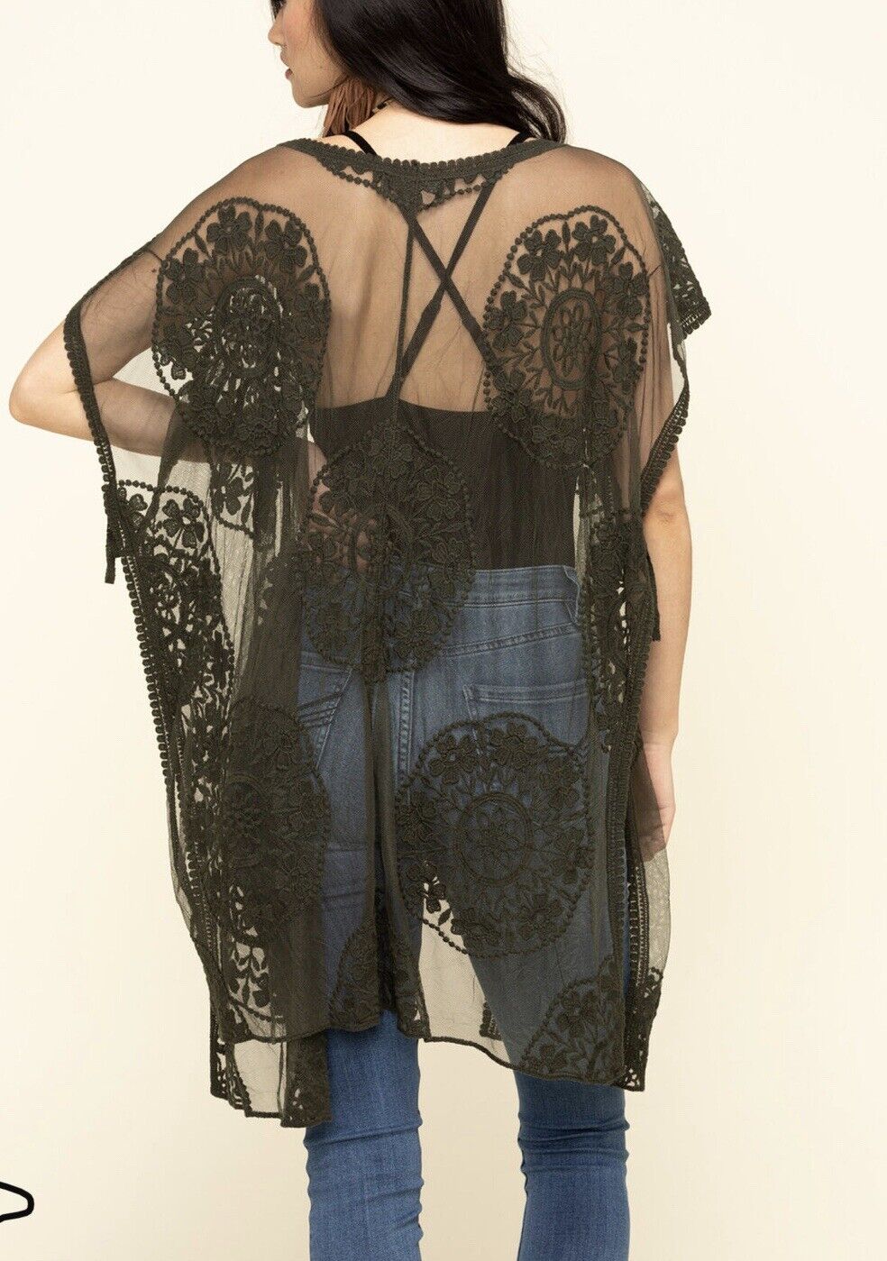 Shyanne Olive Medellin Lace Shawl Overlay Boho Vest Tie Boho Festival Western