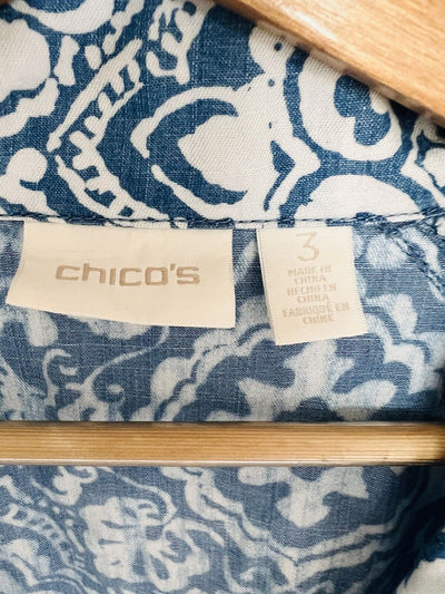 CHICOS Womens Snap Button Jacket Plus Sz 3 Pockets Paisley Blue Lyocell