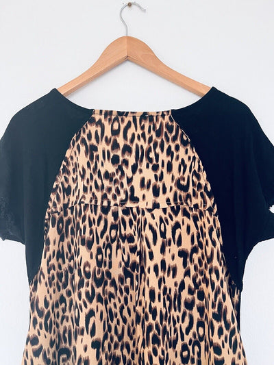 UMGEE Black Dress Leopard Animal Print Sz S Linen Boho Western Fringe Edge