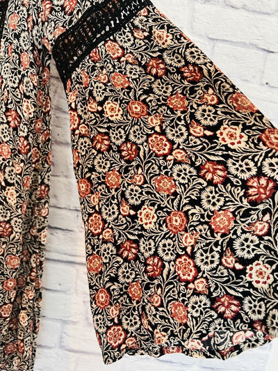 KNOX ROSE Womens Dress Size Sz L Black Rust Floral Bell Sleeve Flare Boho Hippie