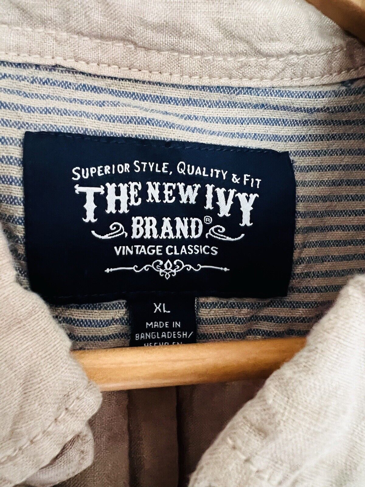 THE NEW IVY BRAND Mens Button Up Shirt Sz XL Beige 100% Linen Long Sleeve