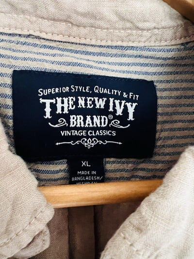 THE NEW IVY BRAND Mens Button Up Shirt Sz XL Beige 100% Linen Long Sleeve