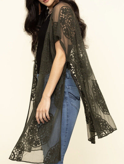 Shyanne Olive Medellin Lace Shawl Overlay Boho Vest Tie Boho Festival Western