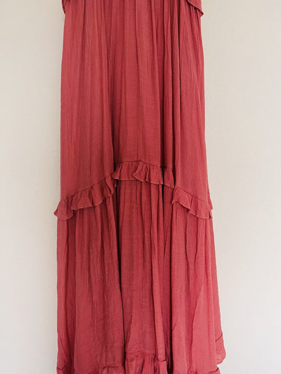 LISTICLE Mauve Color Maxi Dress Sz S Tiered Ruffle Long Flowy Boho Tie Neck