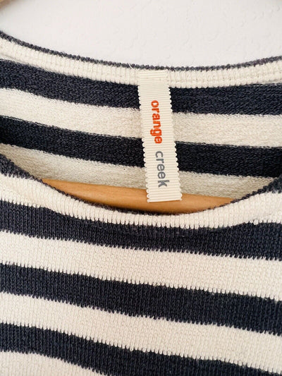 ORANGE CREEK Terry Cloth Dress Sz S Stripped Dark Grey White Pullover Pockets