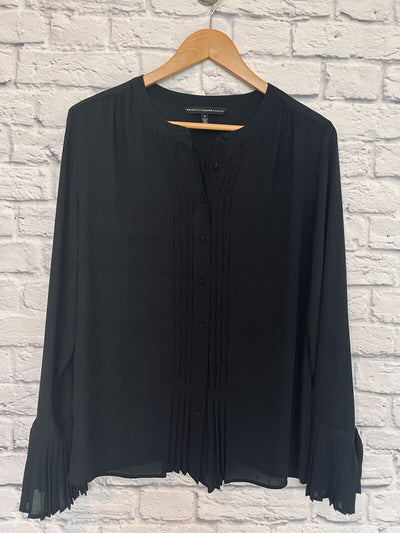 WHBM Sheer Black Botton Down Blouse Sz 6 Pleated Flowy Fit Career Workwear