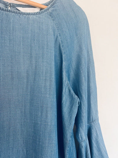 LC Lauren Conrad Denim Blue Blouse Sz L Back Tail Detail Flared Sleeves Boho