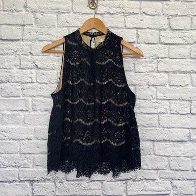 LOVE FIRE Navy Blue Lace Halter Top Nude Lining Large Boho Feminine