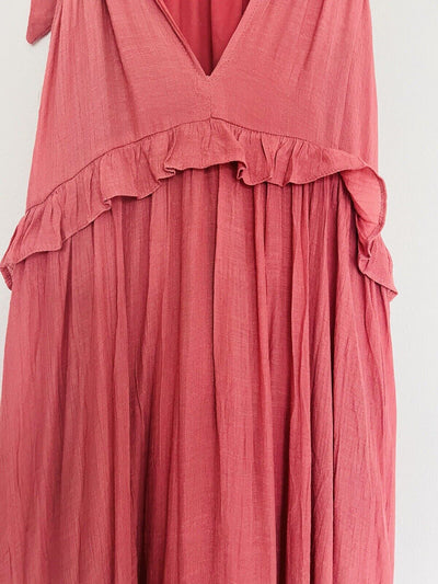 LISTICLE Mauve Color Maxi Dress Sz S Tiered Ruffle Long Flowy Boho Tie Neck