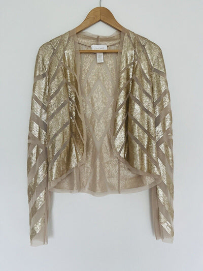 CACHE Gold Sequin Shrug Cardigan Sz 1 Cropped Long Sleeve Festive Holiday