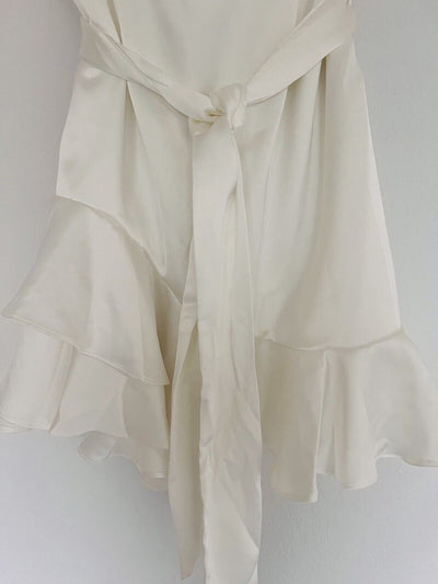 Saints + Secrets NWT White Satin Ruffle Halter Dress Sz L Tie Dance Prom Formal