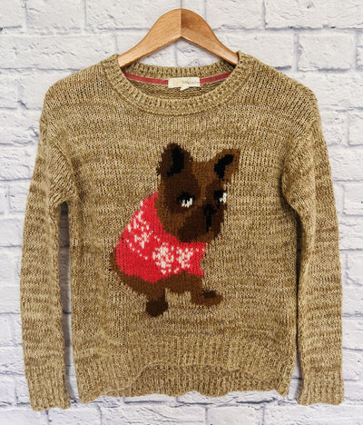 REWIND French Bulldog Novelty Sweater Sz XS Tan Brown Knit Fun Dog Lover