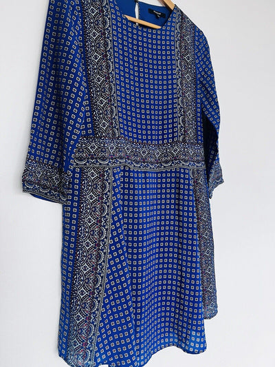 MADEWELL 100% Silk A-line Dress Sz XS Blue Pockets Lined Geometric Knee Length