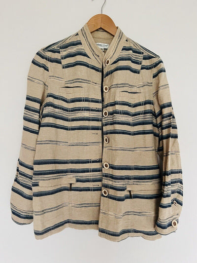 COLDWATER CREEK Linen/Cotton Jacket Sz 16 Tan/Blue Pockets Short Southwest Aztec