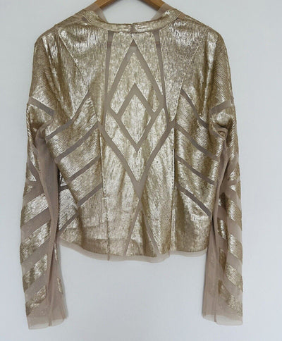 CACHE Gold Sequin Shrug Cardigan Sz 1 Cropped Long Sleeve Festive Holiday