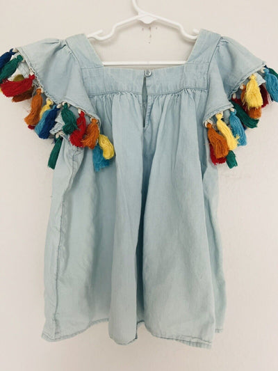 TUCKER + TATE Girls Blue Tassel Flutter Sleeve Top Sz 7 Multicolored Kids Boho