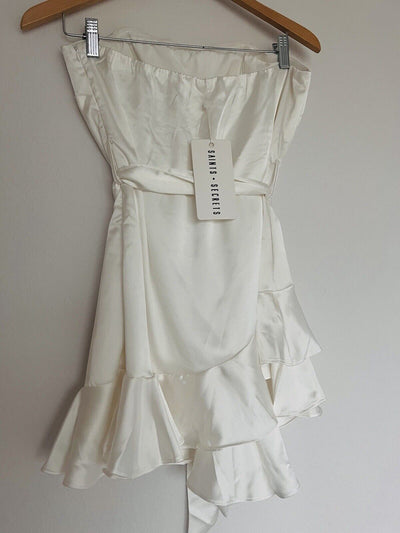 Saints + Secrets NWT White Satin Ruffle Halter Dress Sz L Tie Dance Prom Formal