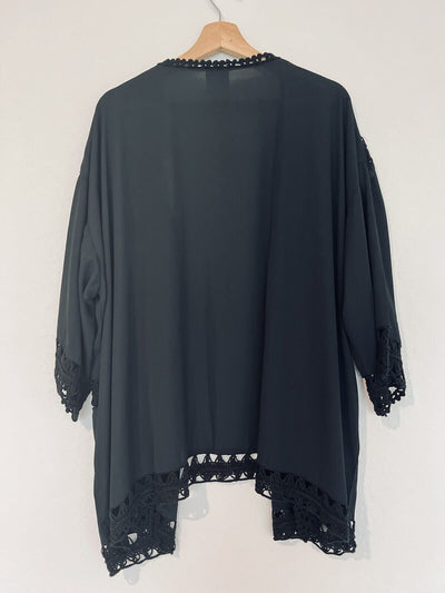 KNOX ROSE Open Front Kimono Cardigan Black Crochet Fringed Lace Trim Boho