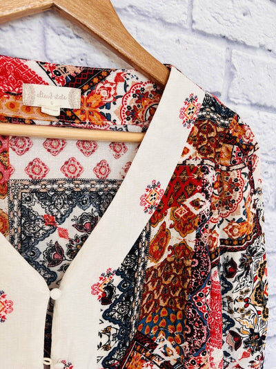 ALTAR’D STATE Womens Printed Blouse Button Up Sz S Tie Bottom Smocked Sleeve Top