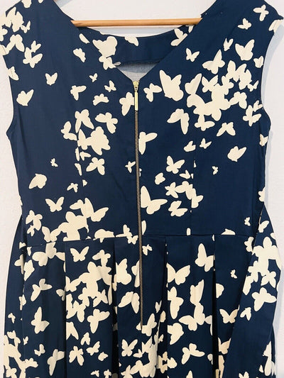 MODCLOTH Closet London Midi Dress Sz 10 Fit Flare Navy/Tan Butterfly Print