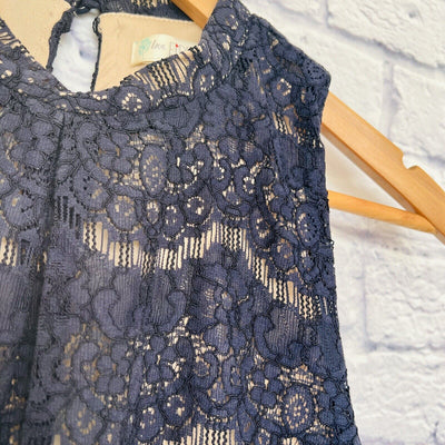 LOVE FIRE Navy Blue Lace Halter Top Nude Lining Large Boho Feminine