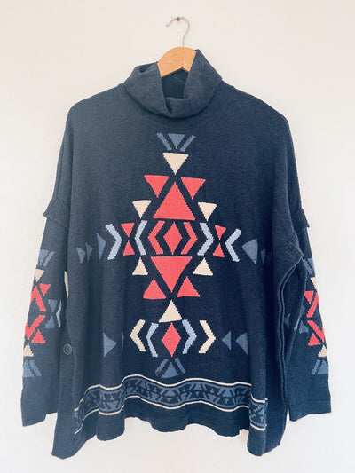 J. JILL Aztec Turtleneck Sweater Sz S Doleman Sleeve Tunic Botton Boho Western