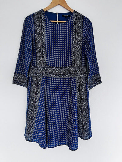MADEWELL 100% Silk A-line Dress Sz XS Blue Pockets Lined Geometric Knee Length