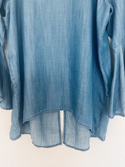 LC Lauren Conrad Denim Blue Blouse Sz L Back Tail Detail Flared Sleeves Boho