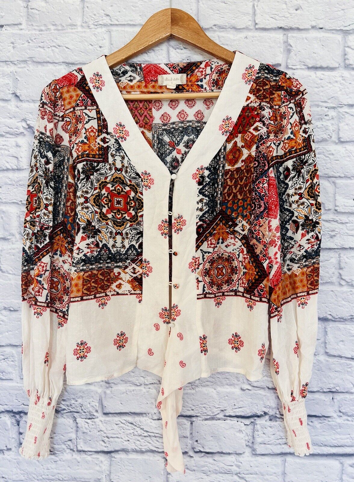 ALTAR’D STATE Womens Printed Blouse Button Up Sz S Tie Bottom Smocked Sleeve Top