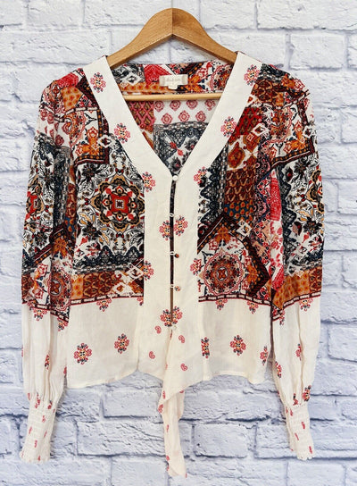 ALTAR’D STATE Womens Printed Blouse Button Up Sz S Tie Bottom Smocked Sleeve Top