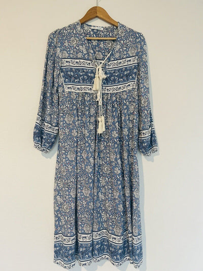 R.Vivimos Boho Dress Long Sleeve Tassel Midi Relaxed Fit Floral Blue Size S 4/6