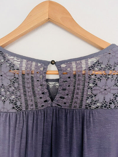 KNOX ROSE Mixed Media Flowy Top Sz L Lace Blouse Balloon Sleeves Boho