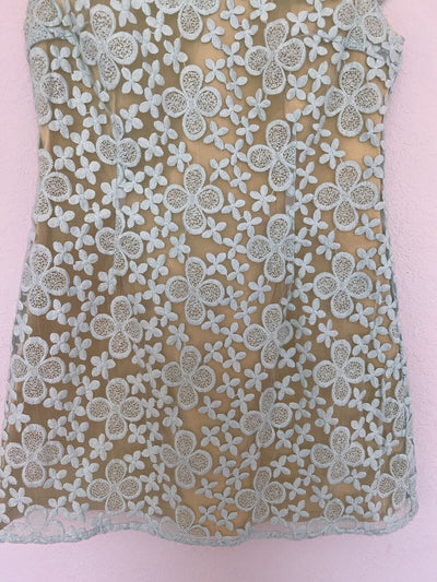 ANTHROPOLOGIE Nick & Mo Floral Blue Dress Sz S Lace Overlay 3/4 Sleeves Coquette