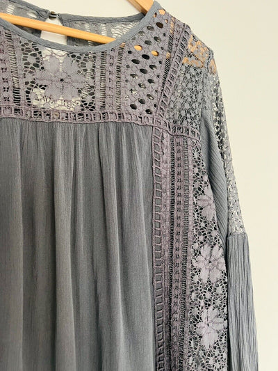 KNOX ROSE Mixed Media Flowy Top Sz L Lace Blouse Balloon Sleeves Boho