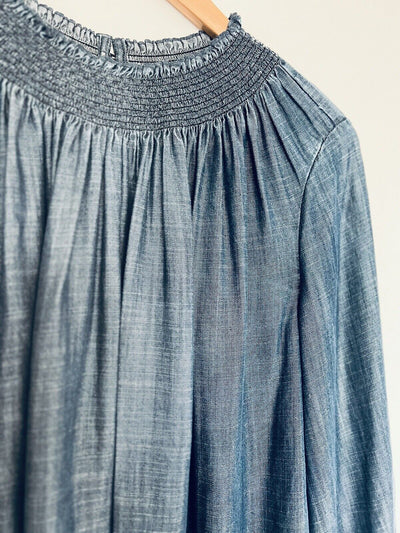 LOFT Chambray Blouse Sz M Smock Pleated Neck Balloon Sleeves Top Flowy Boho