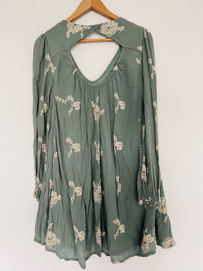 FREE PEOPLE Womens Dress Sage Green Crinkle Floral A Line Cut Out Boho