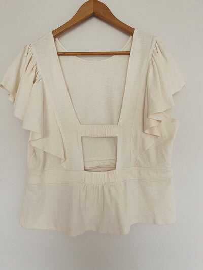 BANANA REPUBLIC Womens Ivory Ruffle Blouse Sz L Crop Short Sleeve Open Back Top