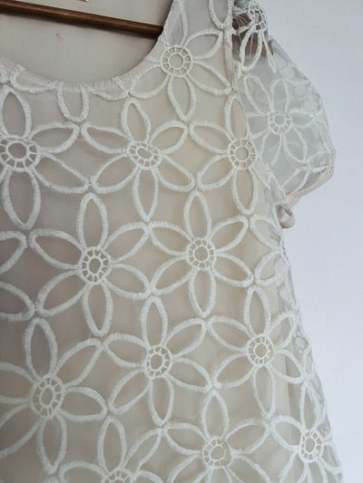 PAZZO Floral Crochet Lace Overlay Blouse Ivory Sz S Short Puff Sleeves Boho Top