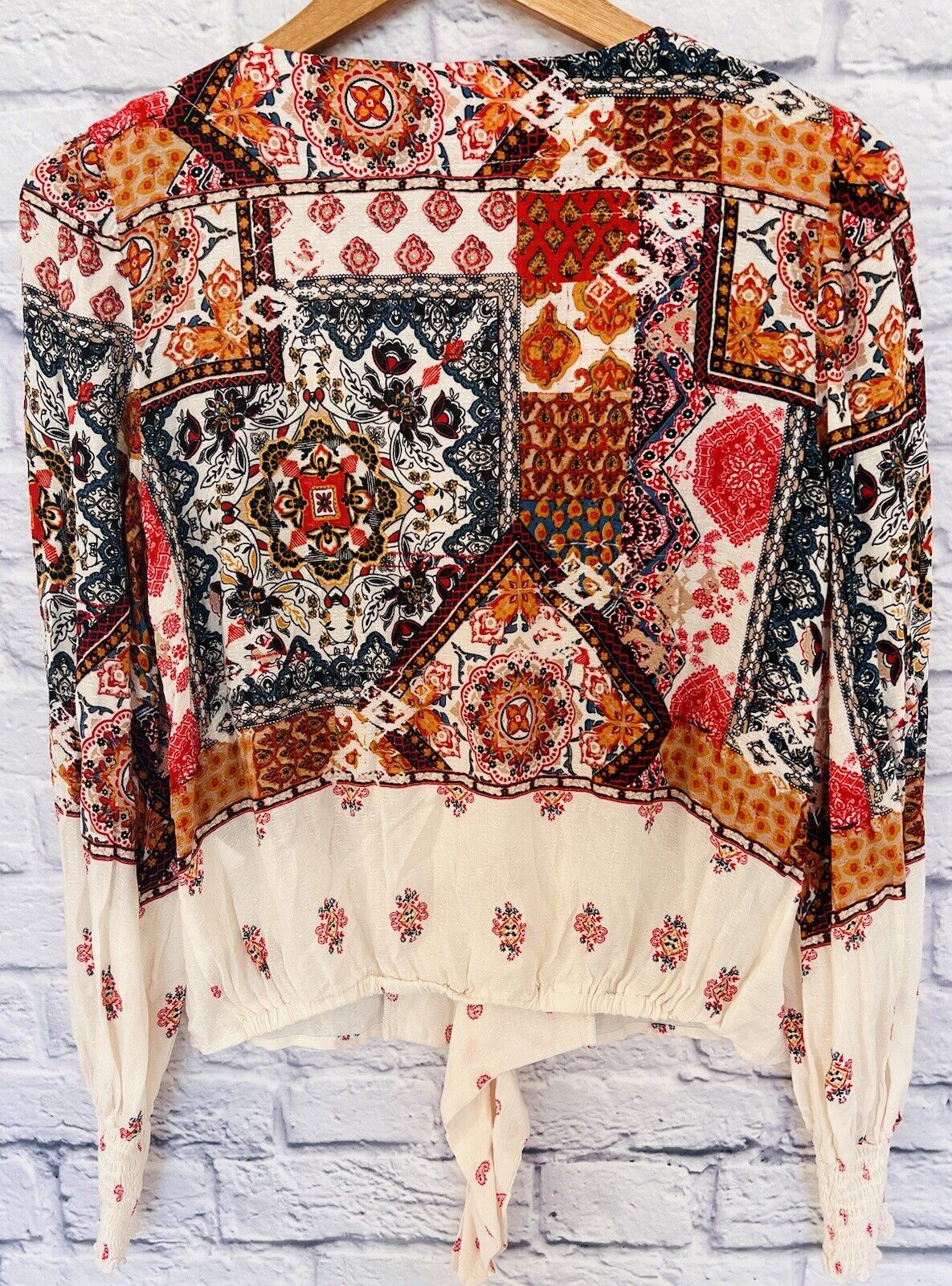 ALTAR’D STATE Womens Printed Blouse Button Up Sz S Tie Bottom Smocked Sleeve Top