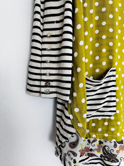 TRU LUX JEANS Mixed Print Tunic Sz S Striped Polka Dot Pockets Ruffle Top