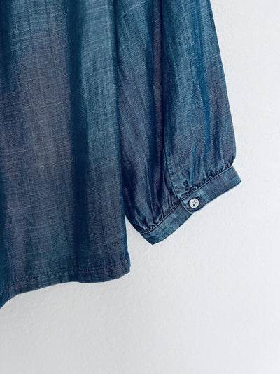 LOFT Chambray Blouse Sz M Smock Pleated Neck Balloon Sleeves Top Flowy Boho