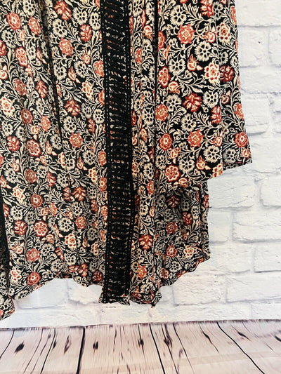 KNOX ROSE Womens Dress Size Sz L Black Rust Floral Bell Sleeve Flare Boho Hippie