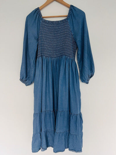 UNBRANDED Smocked Tiered MIDI Dress Blue Puff Sleeve Long Peasant Boho